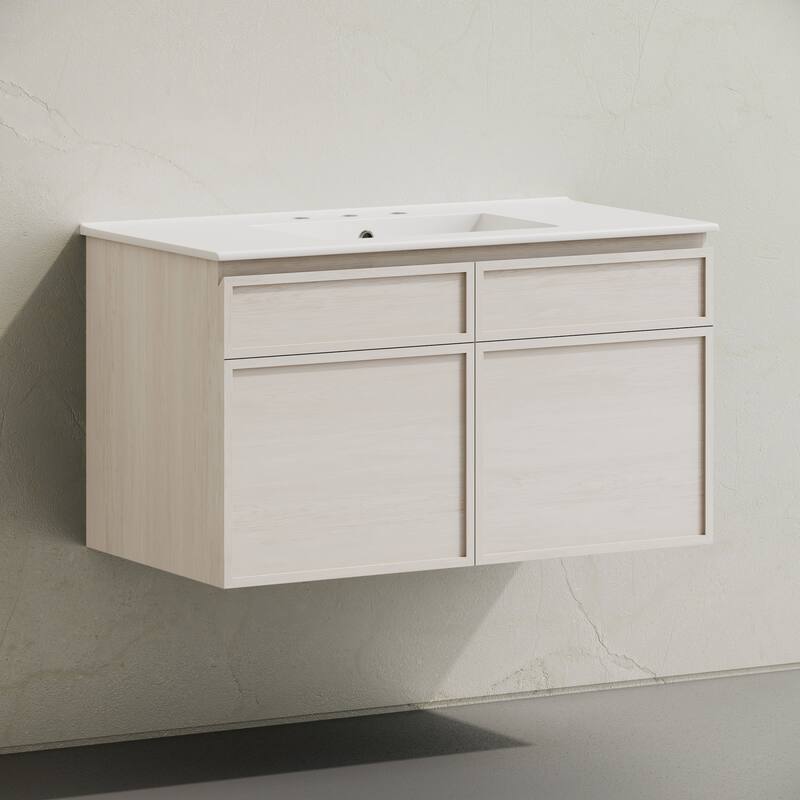 St. Tropez 36" Wall-Mounted Bathroom Vanity In White Oak With 3-Hole Widespread Sink Top - 36