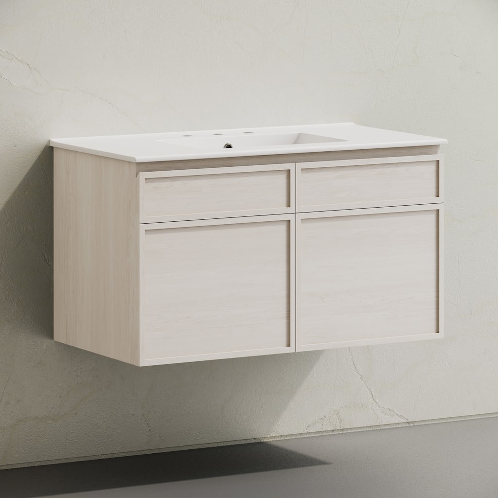 St. Tropez 36" Wall-Mounted Bathroom Vanity In White Oak With 3-Hole Widespread Sink Top - 36