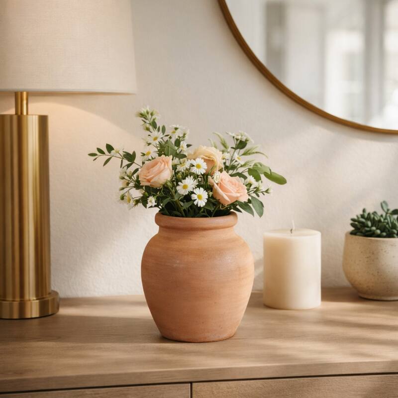 Decorative Round Pottery Vase - Rustic Boho Flower Vase