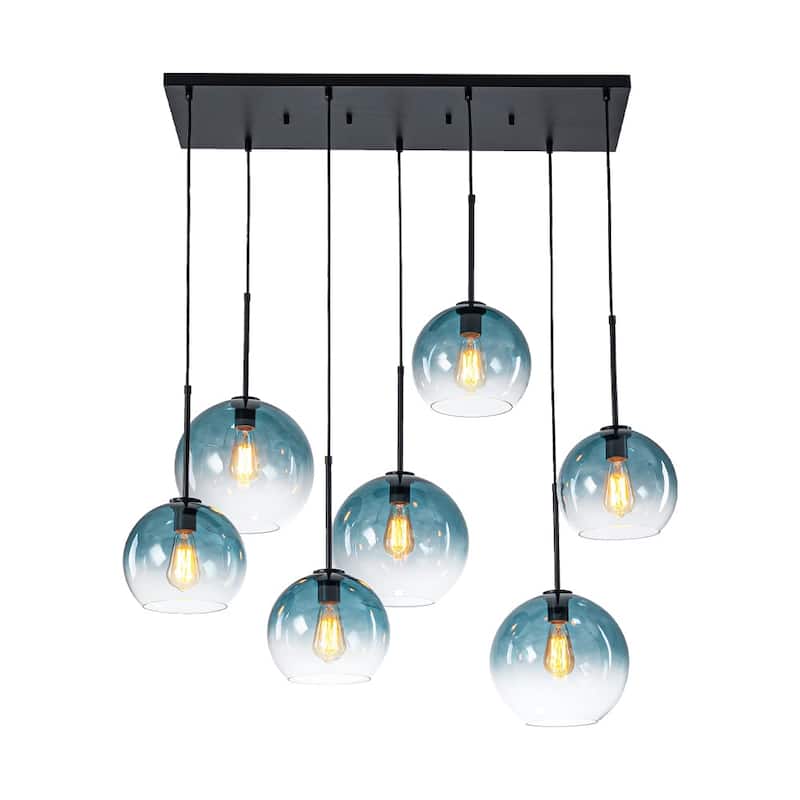 Glam 7-Light Tinted Gradual Blue Glass Globe Kitchen Island Chandelier