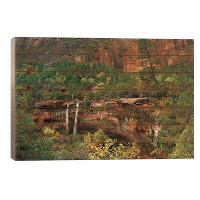Cascades Tumbling 110 Feet At Emerald Pools, Desert Varnish, Zion National Park, Utah III Print On Wood by Tim Fitzharris