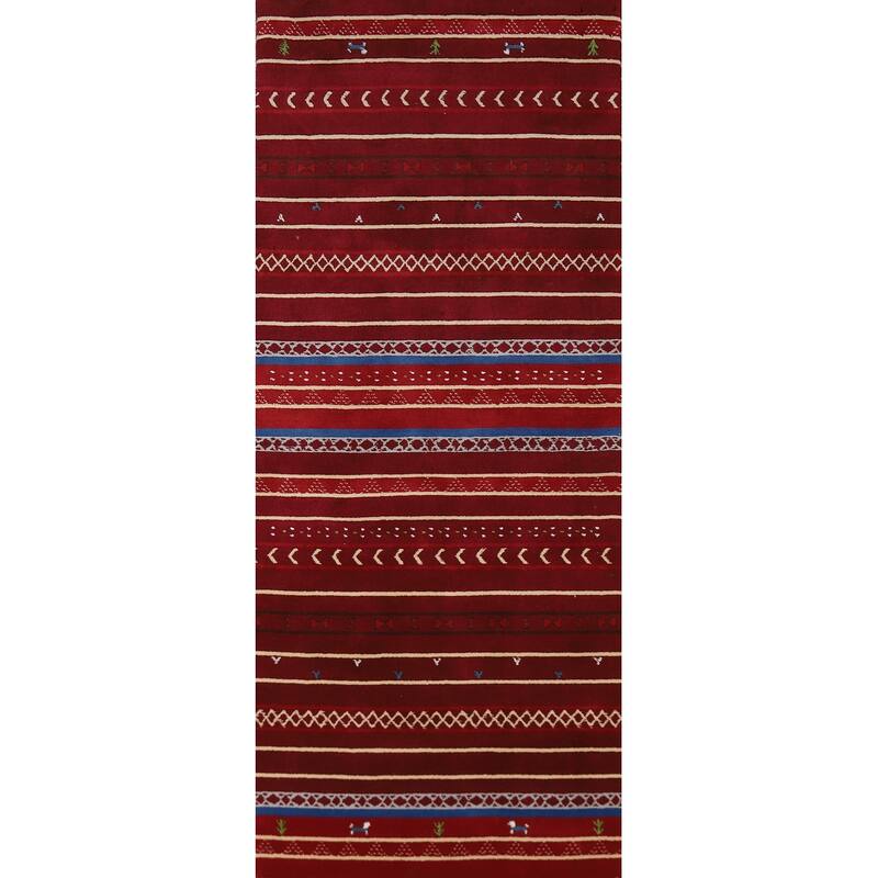 Striped Red Gabbeh Indian Runner Rug Hand-Knotted Wool Carpet - 2'7" x 7'8"