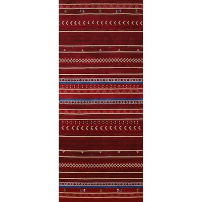 Striped Red Gabbeh Indian Runner Rug Hand-Knotted Wool Carpet - 2'7" x 7'8"