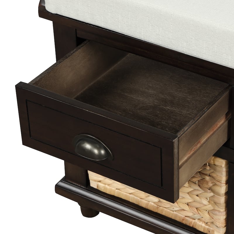 Storage Bench with Drawers and Rattan Baskets Entryway Shoe Bench