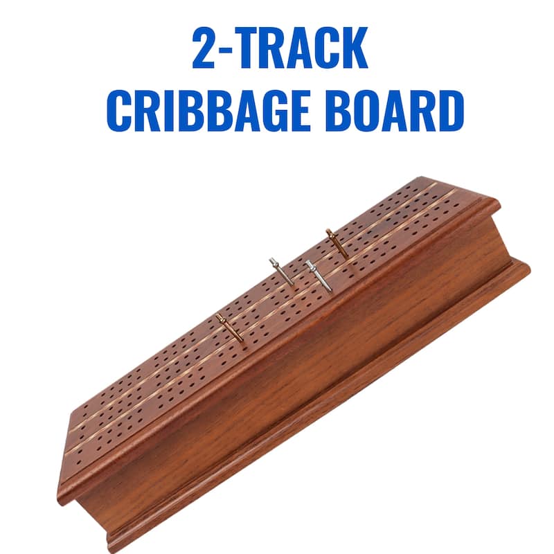 GSE™ Deluxe 2-Track Wooden Cribbage Board Game Box with Playing Card Deck, 6 Metal Pegs and Storage Drawer