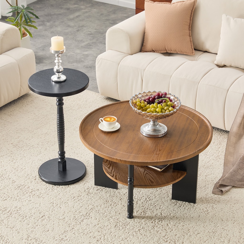 2-Piece Coffee Table Set End Table with Side Table, Black Walnut Nesting Table Center Table for Living Room