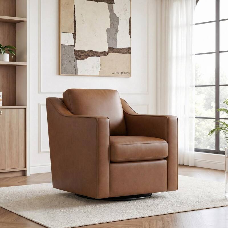 UIXE Chenille/Leather Swivel Barrel Chair Accent Chairs For Living Room