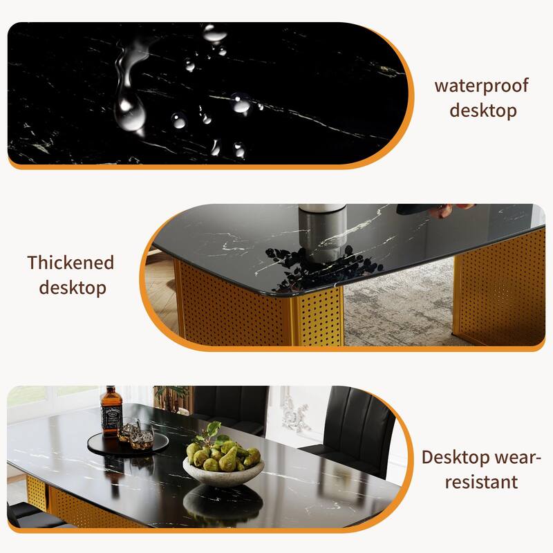 Modern Marble-Patterned Tempered Glass Dining Table, Rectangular Kitchen Table with Dual-Pedestal Metal Base