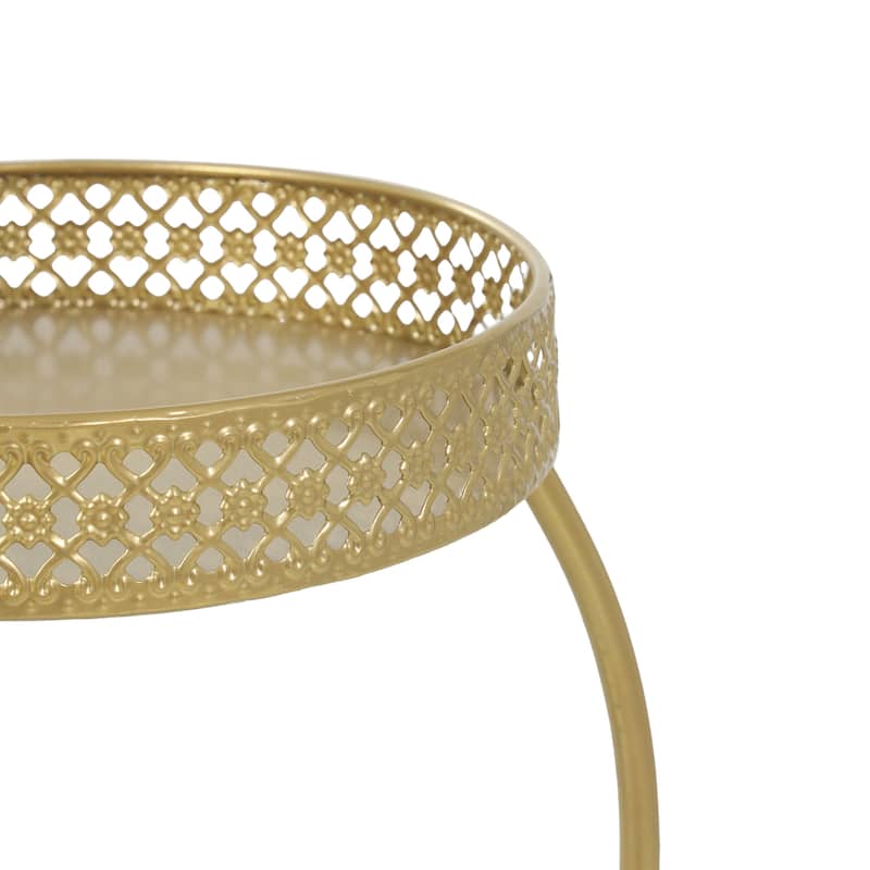 Metal Curved Folding 3 Tier Indoor Outdoor Plantstand with Floral and Scroll Patterns - Gold, Black, Silver - Roche River Decor