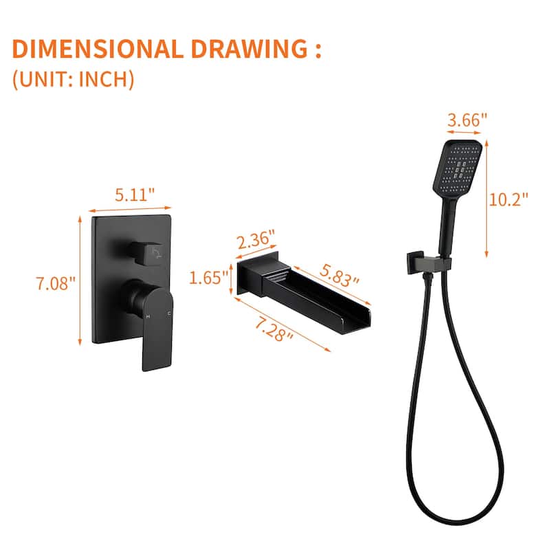 Waterfall Tub Faucet Wall Mounted Single Handle Tub Fillers with Handheld Shower Bathtub Faucet with Rough-in Valve