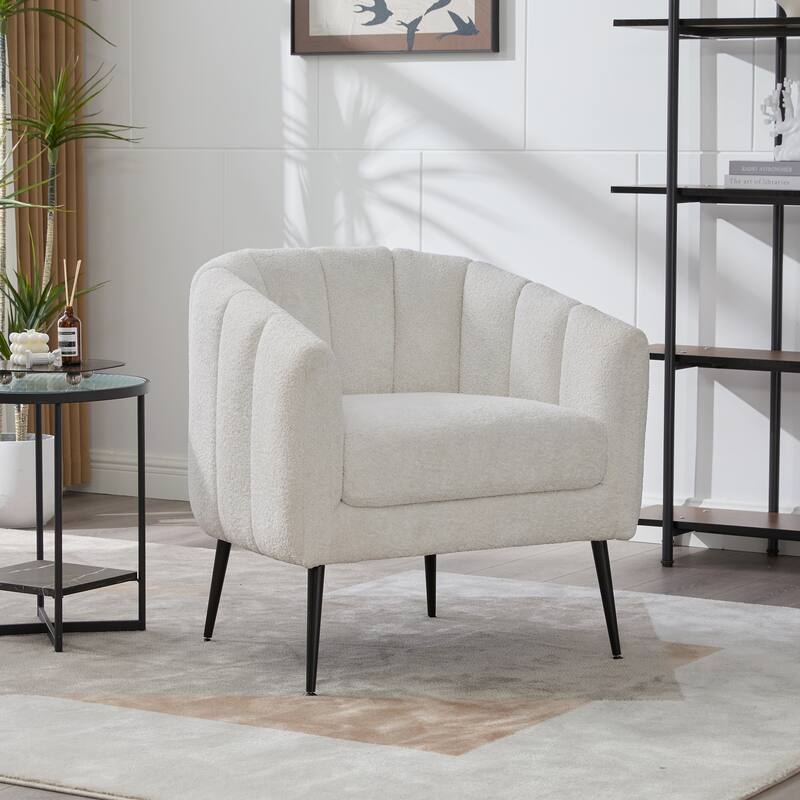 29.9" Modern Upholstered Chenille Vanity Barrel Accent Chair with Metal Legs, Channel Tufted Lounge Chair - Ivory