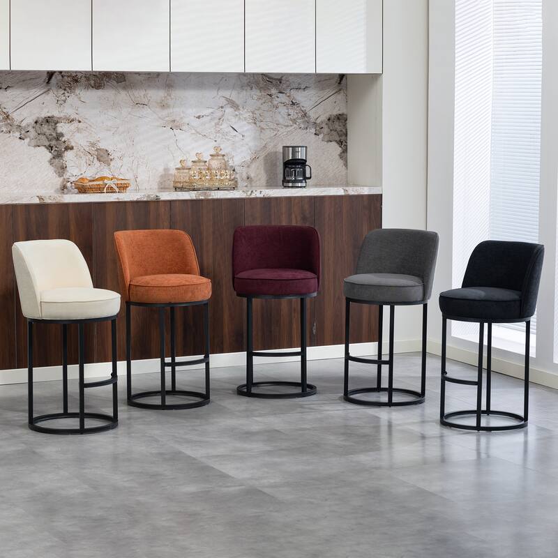 Anmytek Set of 2 Comfortable Modern Barrel Counter Height Bar Stools - Linen Fabric Upholstered With Backrest