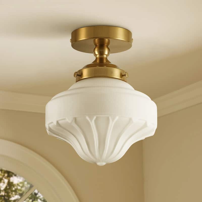 8.7 in. 1-Light Retro Black/Antique Gold Ice-Cream Shaped Semi-Flush Mount Ceiling Light with Opal Textured Glass Shade