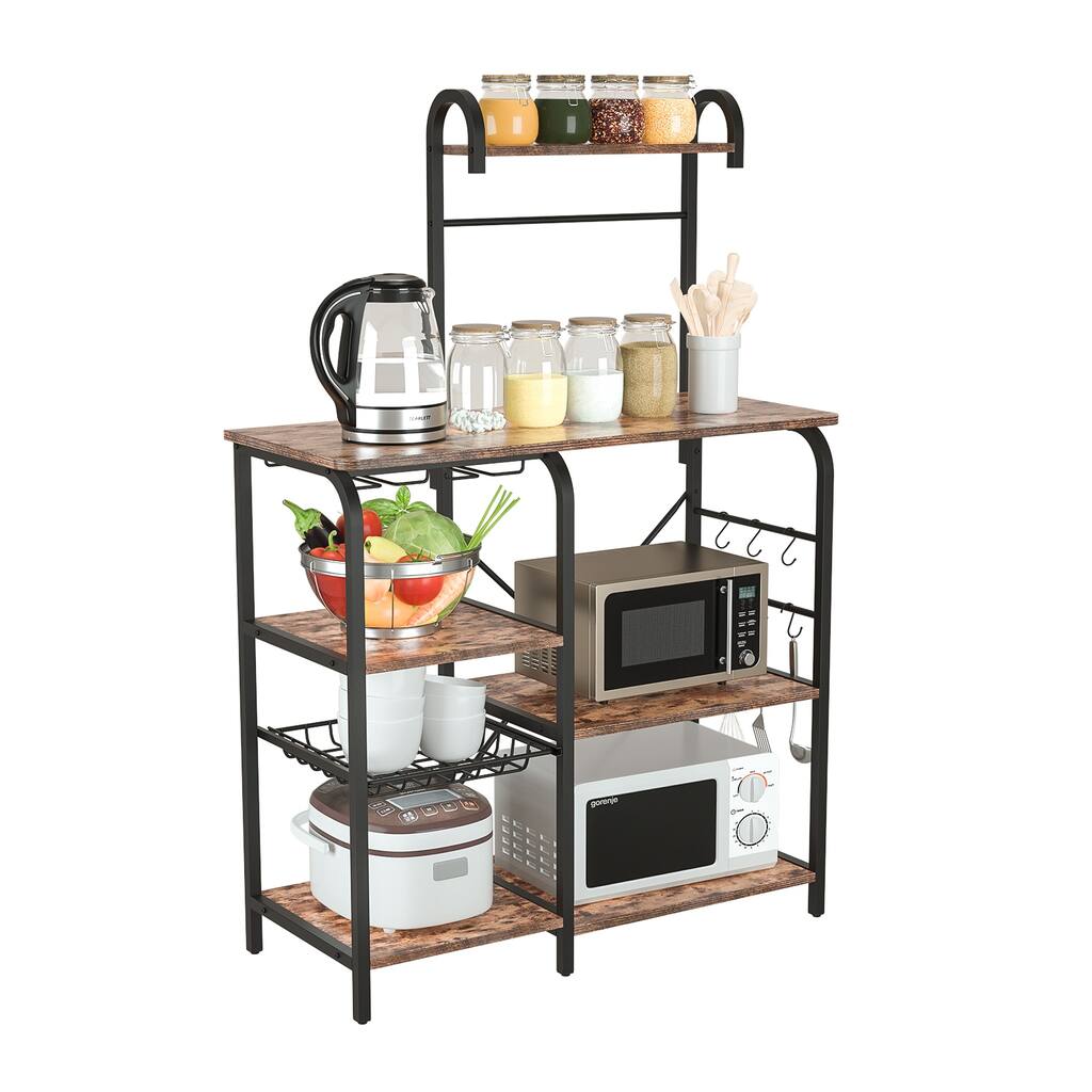 Kitchen Shelf Microwave Rack Board with 6 S-shaped Hooks 6 Shelves Pull-out Mesh Basket Suitable for Kitchen, Office(Brown)