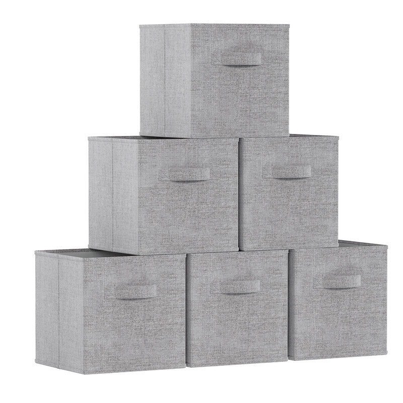 6 Pack Foldable Collapsible Storage Box Bins Shelf Basket Cube Organizer with Dual Handles -13 x 13 x 13 - 11 x 11 x 11 - Ash Gray