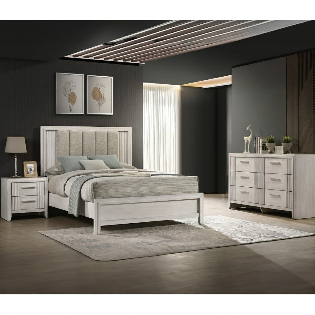 Cream Linear Upholstered Bed Dresser Nightstand Set 3pc Bedroom Wooden Furniture