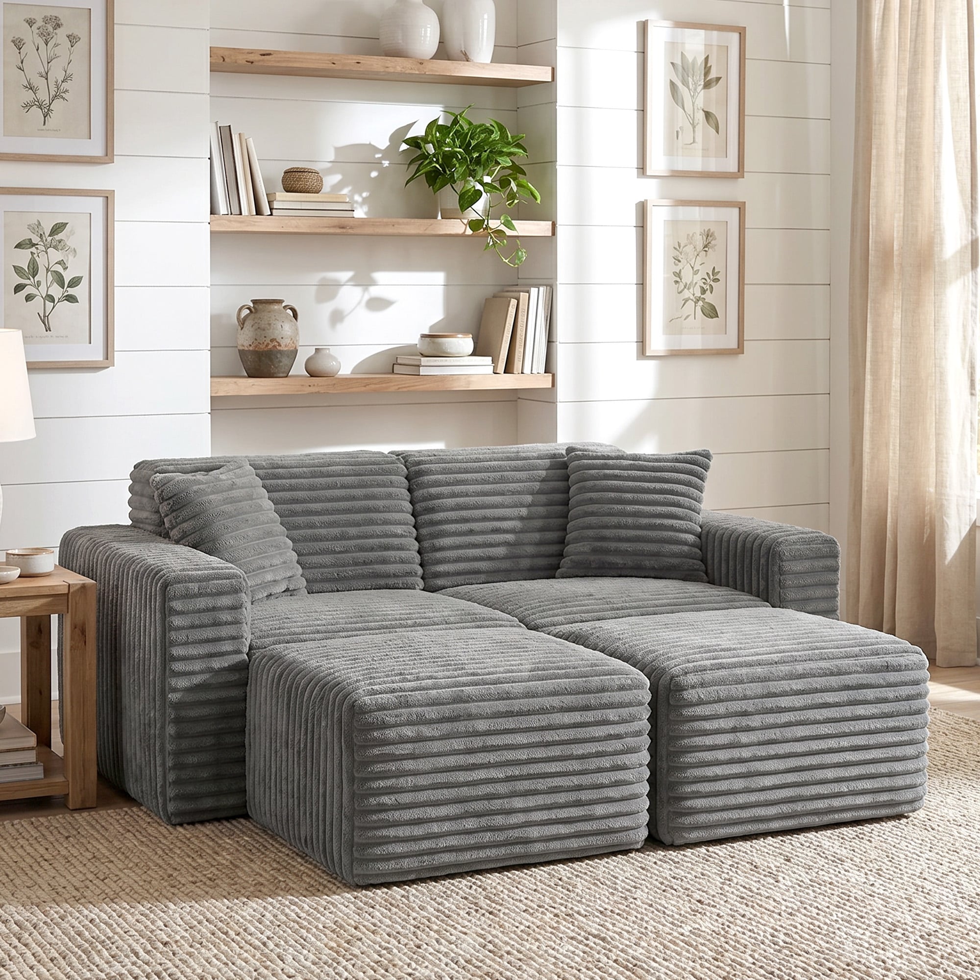 2-Seat Modern Modular Ribbed Flannel Sectional Sofa with 2 Ottomans