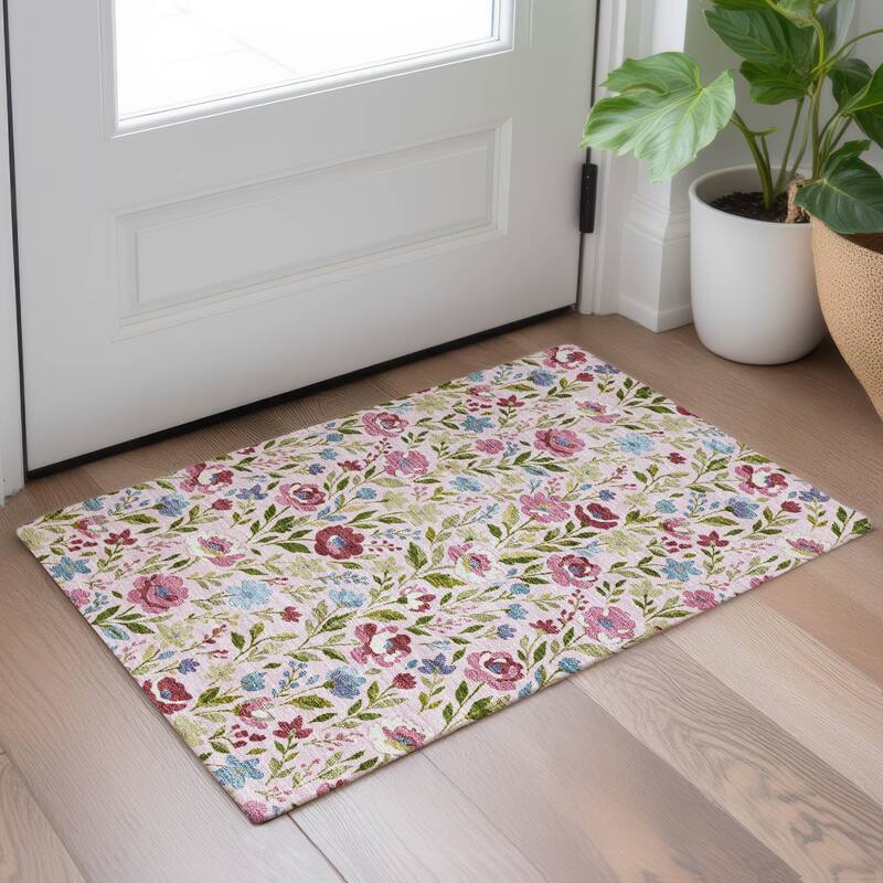 Machine Washable Indoor/ Outdoor Floral Garden Chantille Rug
