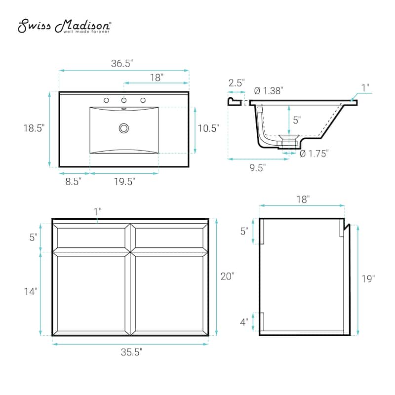 St. Tropez 36" Wall-Mounted Bathroom Vanity In Brown Oak With 3-Hole Widespread Sink Top - 36