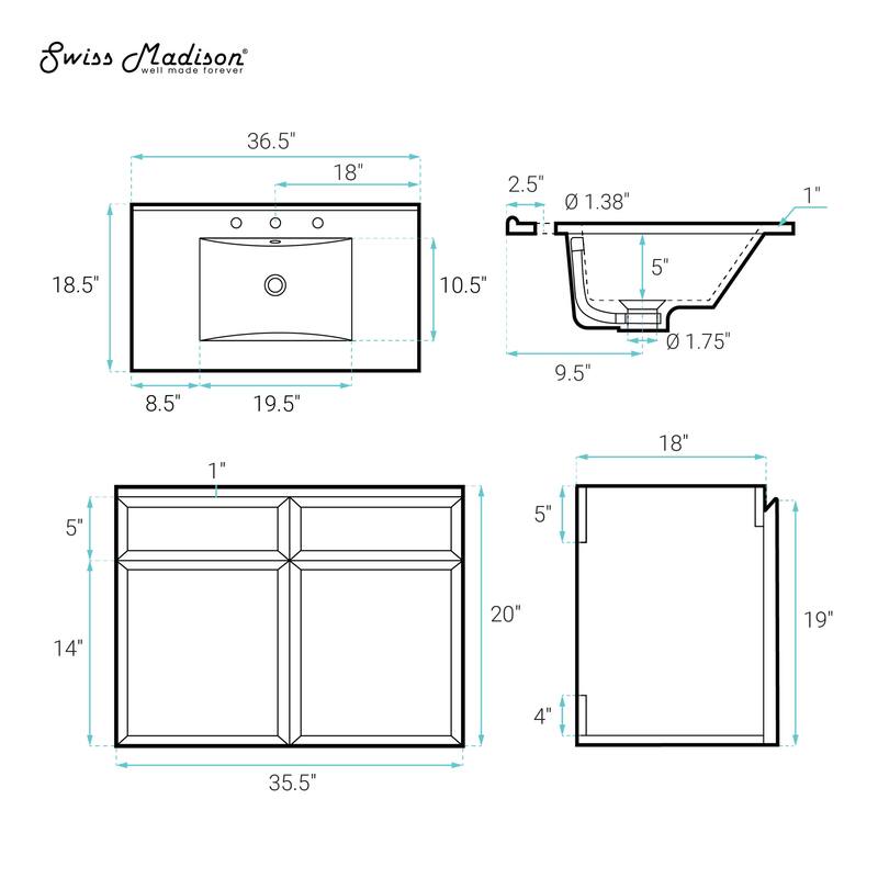 St. Tropez 36" Wall-Mounted Bathroom Vanity In Brown Oak With Black 3-Hole Widespread Sink Top - 36