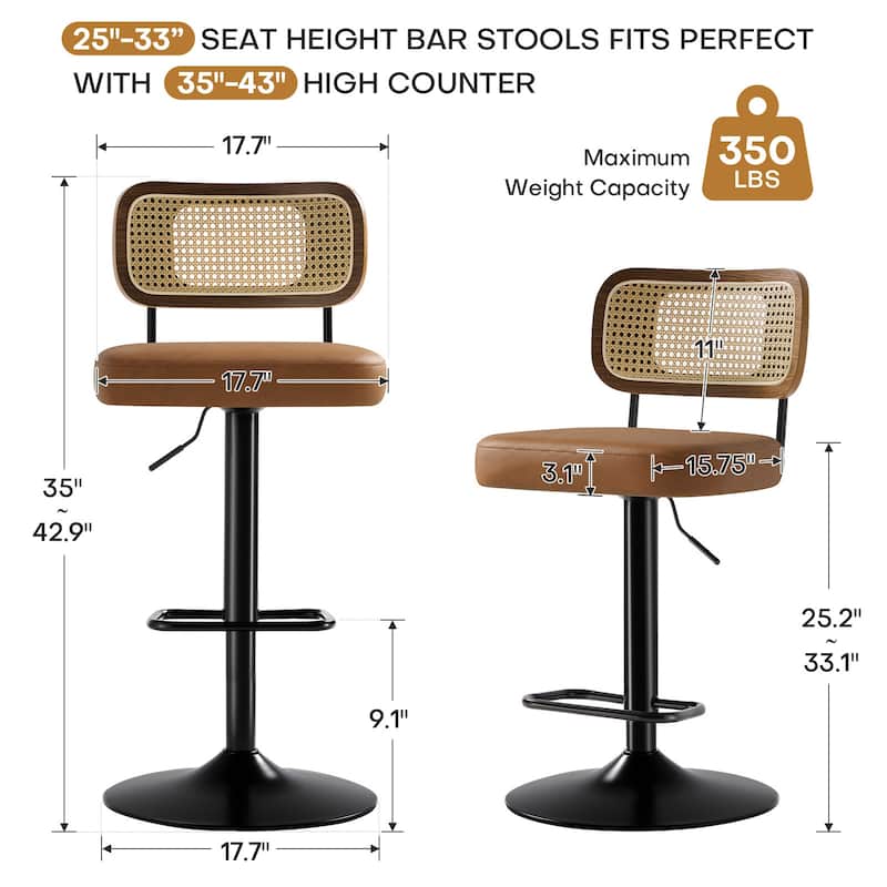 Adjustable Height Swivel Bar Stools with Back and Footrest - 17.7"W x 15.75"D x 35"-42.9"H