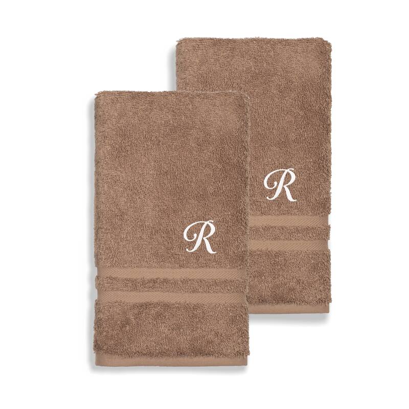 Authentic Hotel and Spa Omni Turkish Cotton Terry Set of 2 Latte Brown Hand Towels with White Script Monogrammed Initial - Latte Brown/White/R