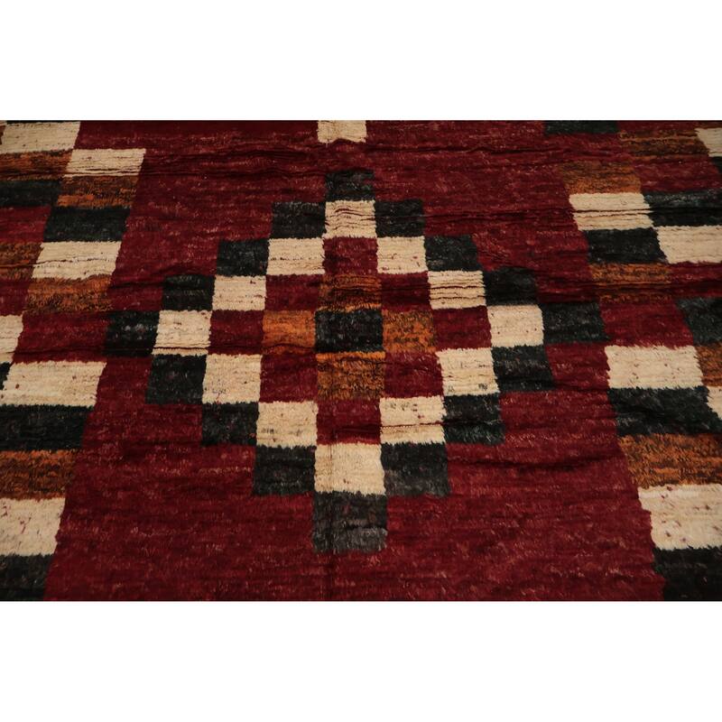 Hand Knotted Oriental 100% Wool Carpet Modern Geometric Red Moroccan Area Rug - 10' 2'' X 6' 9''
