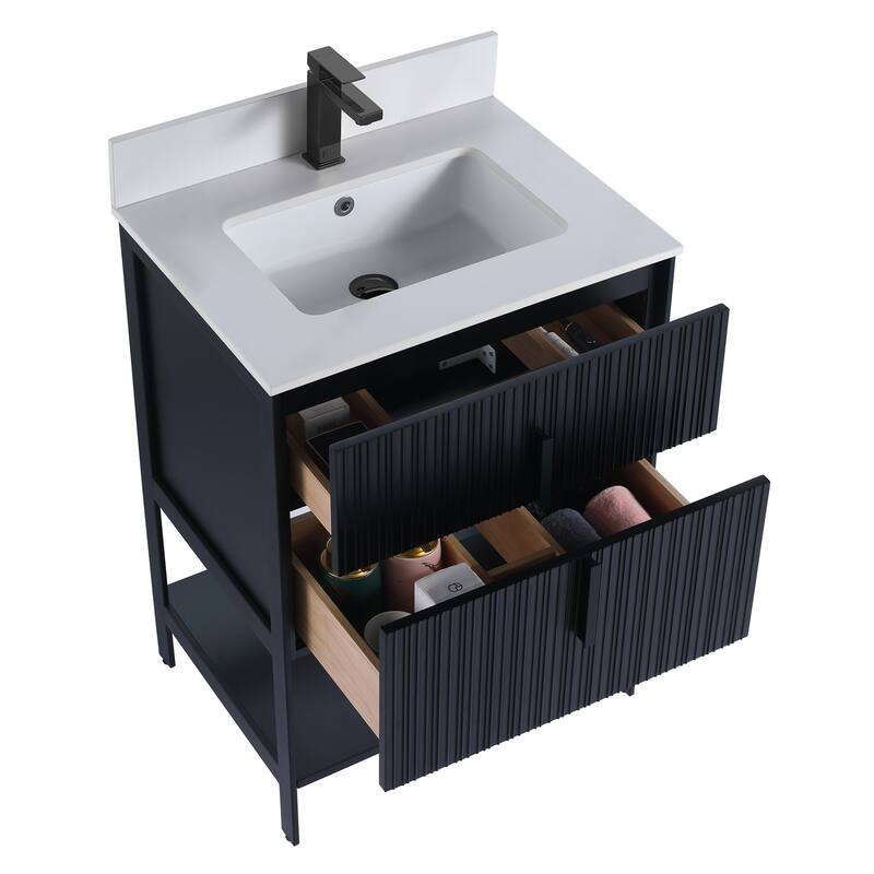 Fine Fixtures Serenity Modern Bathroom Vanity with White Stone Top - Black Matte - Black Hardware - 24 inch
