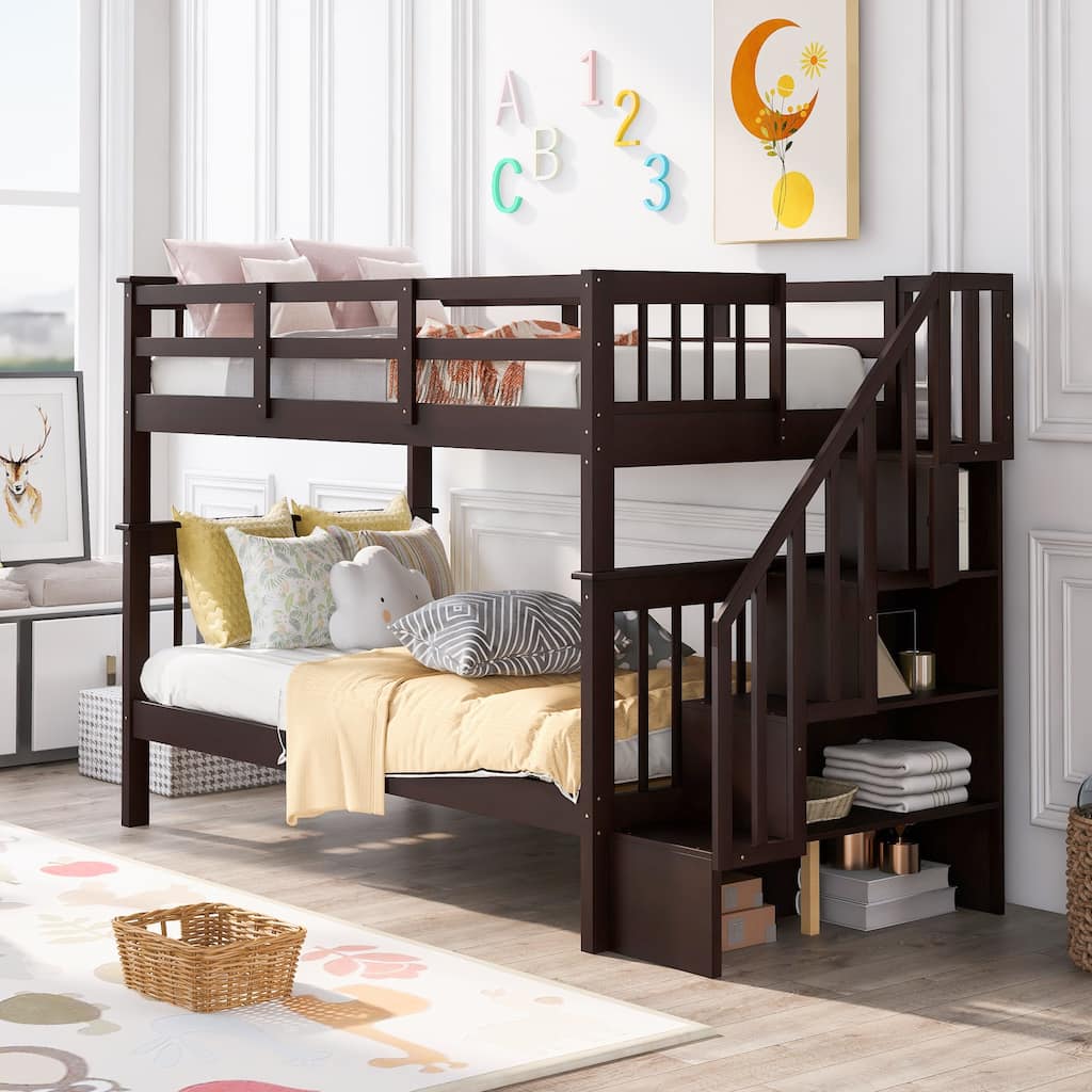 Twin-Over-Twin Bunk Bed with Storage Stairs and Guard Rail, Espresso Finish