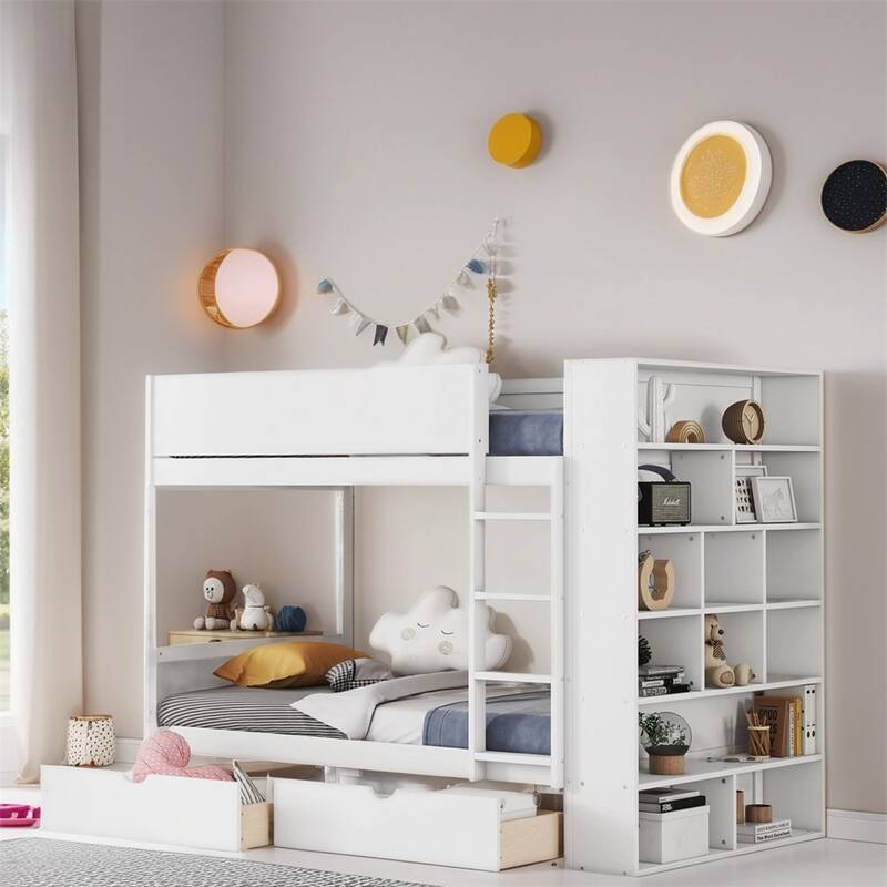 Twin Over Twin Wood Bunk Bed with 2 Drawers and Multi-layer Cabinet