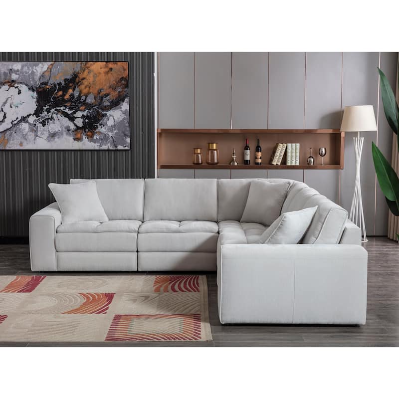 Roundhill Furniture Breton Contemporary Fabric Tufted 5 Piece Modular Sectional Sofa, Oyster