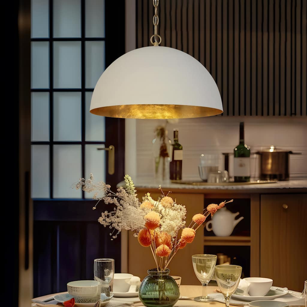 Modern 1-Light White Gold Pendant Light Fixture With Bowl-Shape for Dining Room