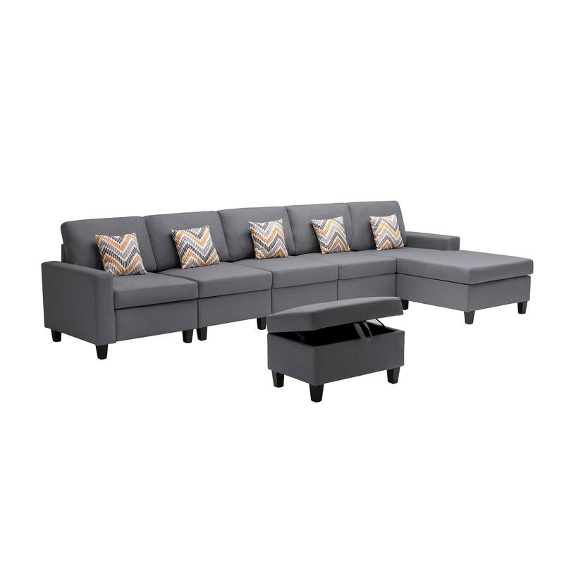 Linen Fabric 6 Piece Reversible Sectional Sofa Chaise with Interchangeable Legs, Pillows and Storage Ottoman in Grey