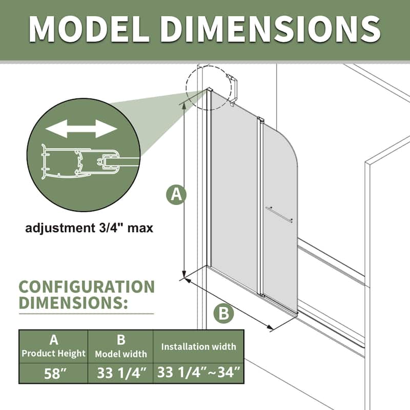 58''H Bathtub 6mm Tempered Glass Frameless Shower Door, Fixed Glass Half Panel in Black - 34x58