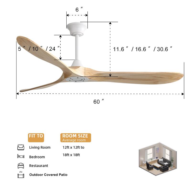 Sofucor 60 Inch Ceiling Fan No Light With Remote Control 3 Fan Blades Reversible DC Motor Timer Farmhouse