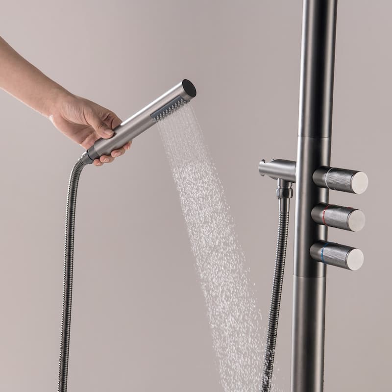 Freestanding Outdoor Shower System for Backyard/Garden/Poolside/Beach, Floor Mounted Shower Faucet with Shower Head & Handheld