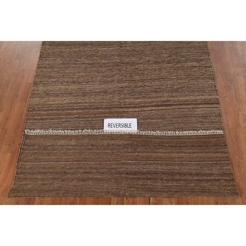 Brown Striped Kilim Persian Area Rug Handmade Wool Carpet - 4'10"x 6'7"