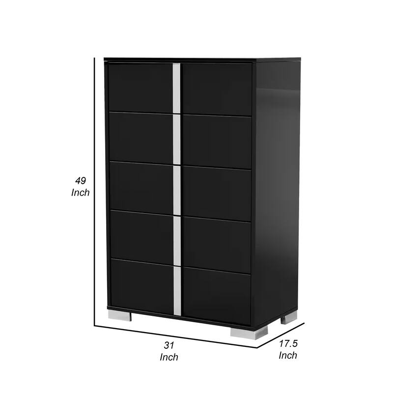 Suni Tall Dresser Chest, Piano Black Wood with UV Finish, 5 Drawers