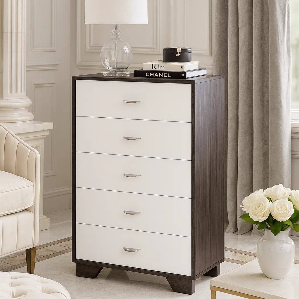Wooden Chest with Five Drawers, White & Espresso Brown
