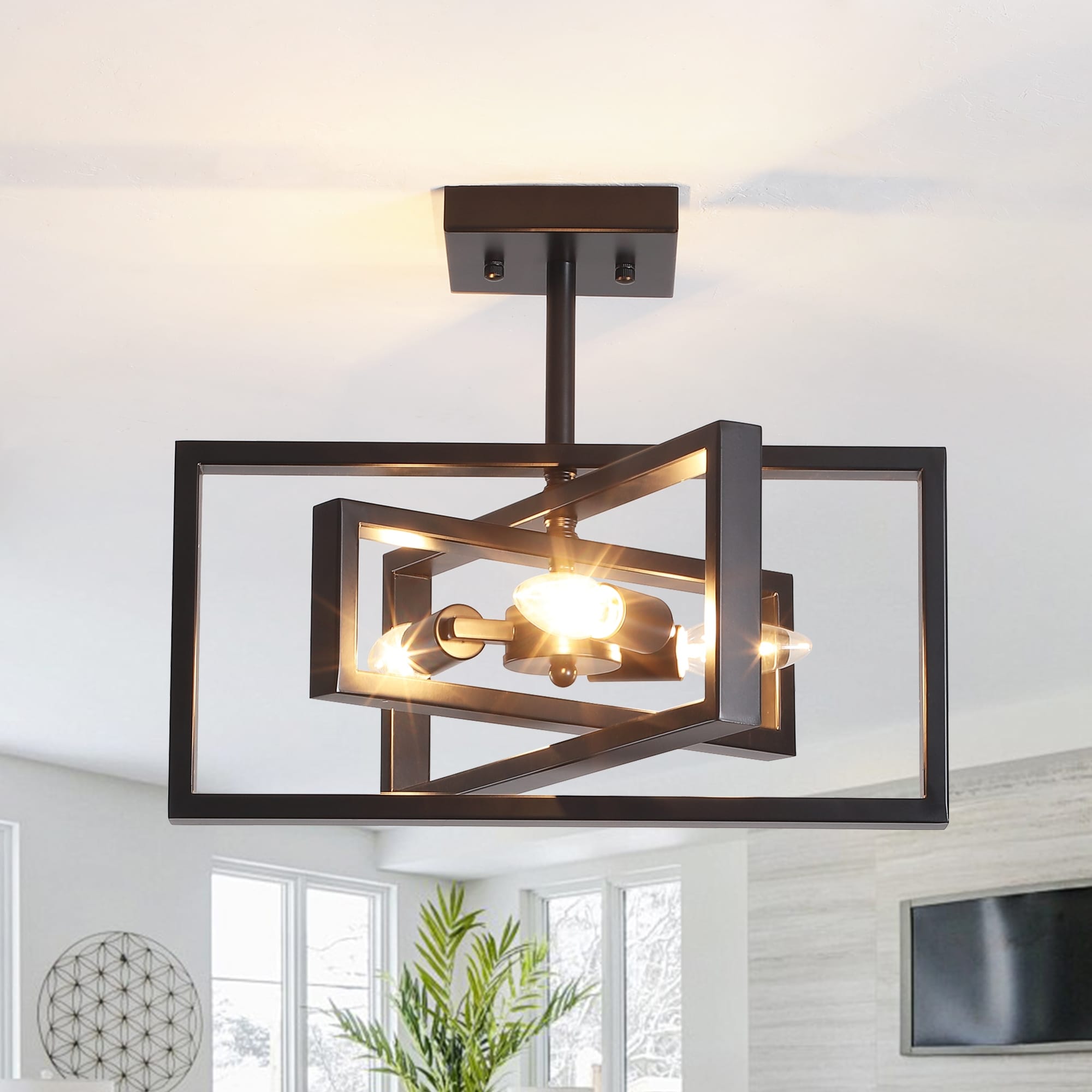 Zjvaive 3-Light Rectangular Semi Flush Mount Ceiling Light Farmhouse Metal Cage Light Fixture