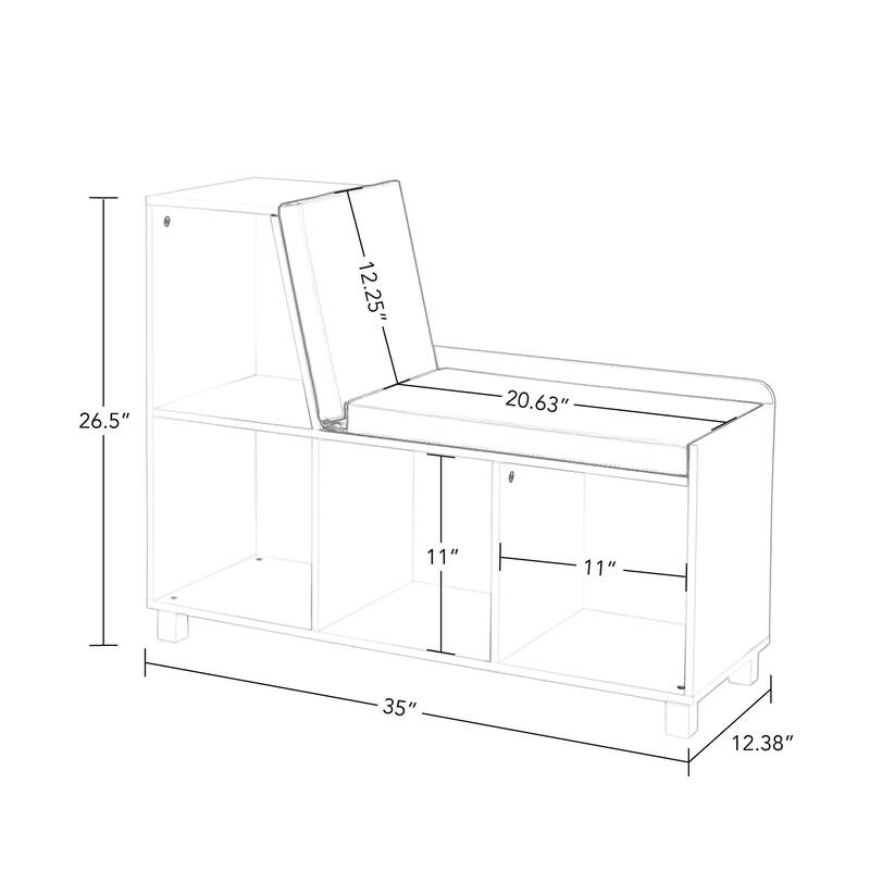 RiverRidge Kids Reading Nook Cushioned Toy Storage Bench with Cubby Organizers with Optional Fabric Bins- White
