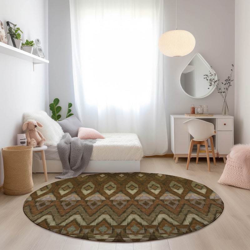Machine Washable Indoor/ Outdoor Chantille Geometric Boho Rug - Brown - 8' x 8'