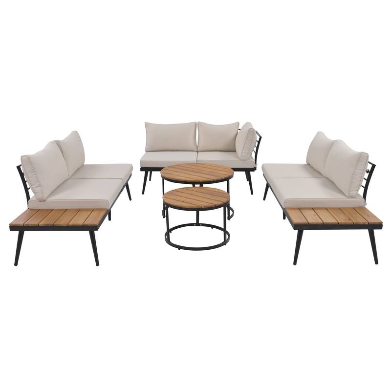 Beige Acacia Wood Outdoor Sectional Sofa Set with Round Nesting Coffee Tables