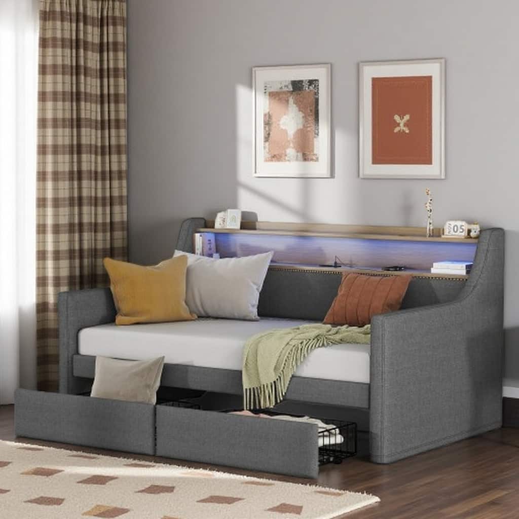 Twin Size PU Leather Upholstered Daybed with Storage Drawers, Charging Station, LED RGB Lights & Headboard Storage