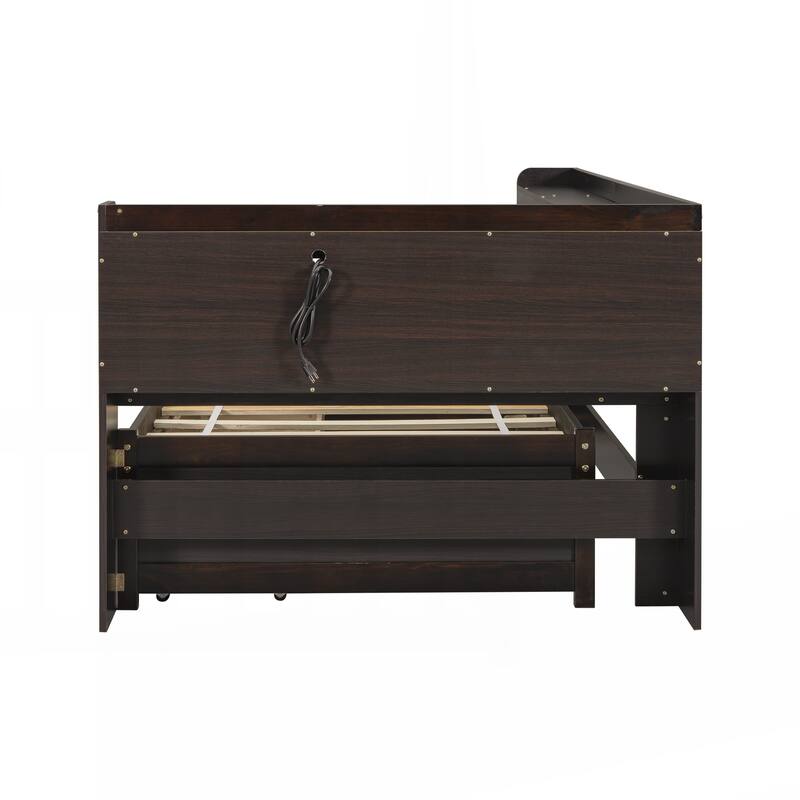 Twin Size L-shaped Bookcases Bed with Power Outlets, USB Charging Ports,Two Drawers