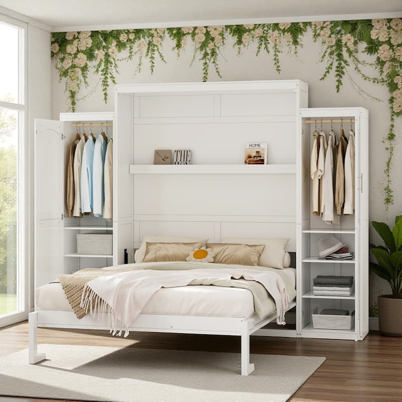 Queen Murphy Bed with Dual Wardrobes and Storage Shelf, Space-Saving Foldable Platform Bedframe for Bedrooms & Guest Rooms
