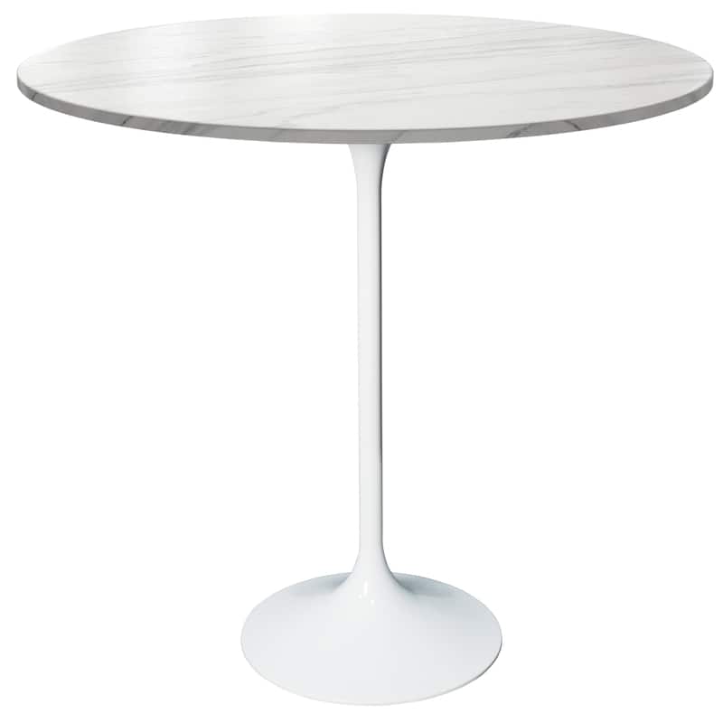 LeisureMod Verve 36" Bar Dining Table with Sintered Stone Round Top in White Steel, White Marbleized - Marble White