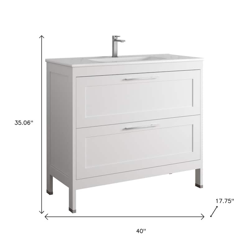 HomeRoots 40" White Wood Freestanding Bathroom Vanity With White Sink And Two Drawers - 40.00 in. x 35.06 in. x 17.75 in.