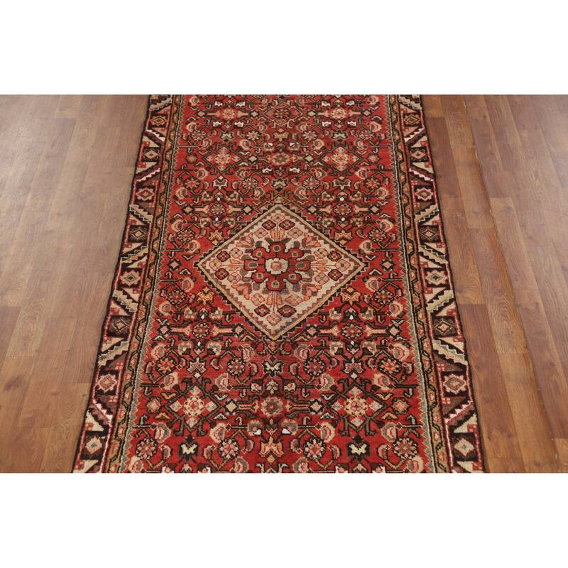 Hand Knotted Oriental 100% Wool Carpet Traditional Geometric Red Hamedan Runner Rug - 10' 3'' X 3' 4''