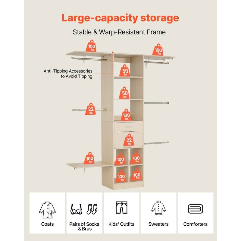 60” Grey Oak MDF Closet Storage Drawers with Hanging Rods and 17 Organized Compartments - 60” x 15.8” x 73”